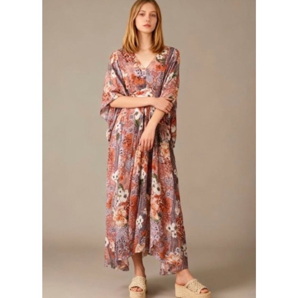 JADE Johnny Was Sz L Large Scarlet Floral Midi Dress Kimono Sleeve